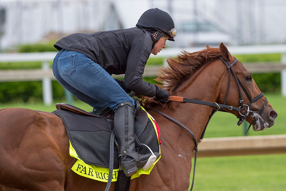 Far Right galloped a mile and a half with Laura Moquett aboard in preparation for the Kentucky Derby at Churchill Downs in Louisville, Kentucky.