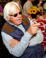 Bob Baffert reacts to American Pharoah drawing the #1 post position for the Preakness at the post position draw at Pimlico Race Course in Baltimore, Maryland.