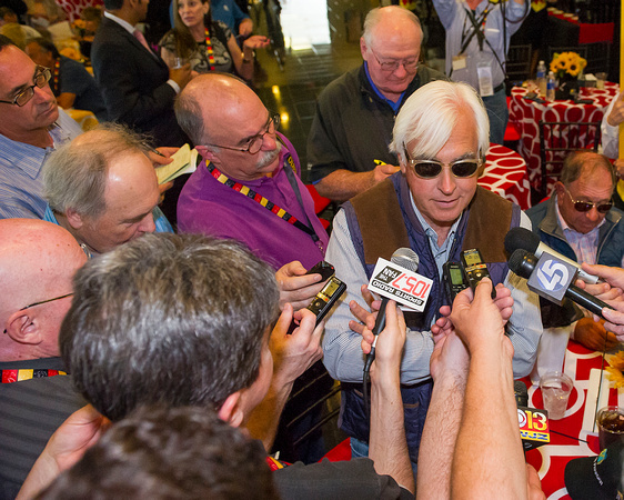 Bob Baffert speaks to the media about his trainees, American Pharoah and Dortmund, at the Preakness post position draw at Pimlico Race Course in Baltimore, Maryland.