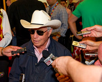 Trainer D. Wayne Lukas talks to the media about his trainee, Mr. Z, during the Preakness Post Position Draw at Pimlico Race Course in Baltimore, Maryland.