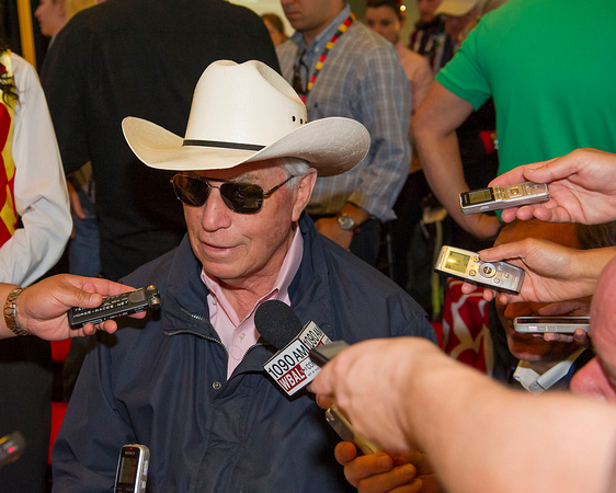 Trainer D. Wayne Lukas talks to the media about his trainee, Mr. Z, during the Preakness Post Position Draw at Pimlico Race Course in Baltimore, Maryland.