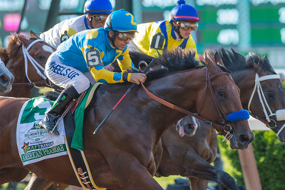 American Pharoah with Victor Espinoza up, leads at the start of the race and goes on to win the 147th Belmont Stakes (GI) and become the 12th Triple Crown winner at Belmont Park in Elmont, New York.