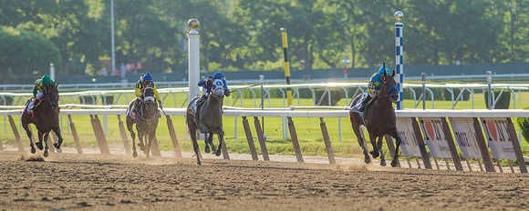 American Pharoah with Victor Espinoza up, wins the 147th Belmont Stakes (GI) and becomes the 12th Triple Crown winner at Belmont Park in Elmont, New York.