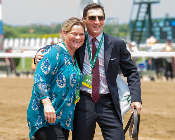 Assistant Trainers Leana Willaford and Rodolphe Brissette are all smiles after Carina Mia, with Julien Leparoux up and trained by Bill Mott, wins the Grade I Acorn Stakes at Belmont Park in Elmont, Ne