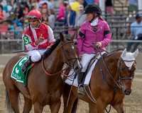 Luis Saez celebrates after winning the GII Black Eyed Susan stakes with Go Maggie Go at Pimlico Race Course in Baltimore, Maryland.