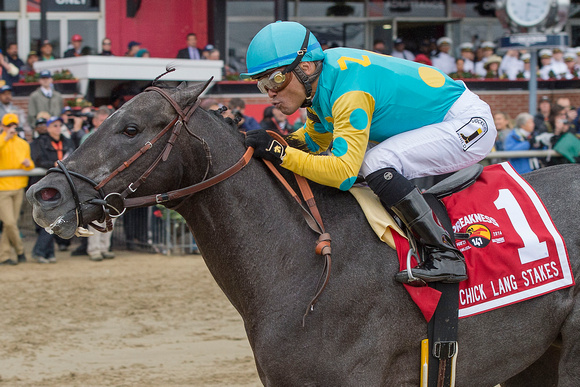Justin Squared, Martin Pedroza up, trained by Bob Baffert, wins the The Chick Lang Stakes at Pimlico Race Course in Baltimore, Maryland.
