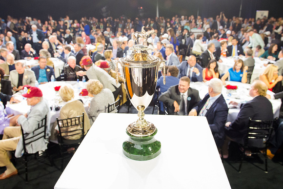 The 2016 Kentucky Derby trophy at the Kentucky Derby Draw at Churchill Downs in Louisville, Kentucky.
