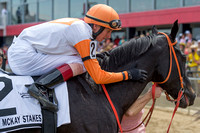 Trevor McCarthy pats Ben's Cat after winning the Jim McKay Turf Sprint stakes for the fifth time in six tries for trainer King Leatherbury at Pimlico Race Course in Baltimore, Maryland.