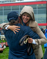 Matt Bryan, owner of Preakness winner Exaggerator, celebrates with Julie Clark, assistant trainer at Pimlico Race Course in Baltimore, Maryland.