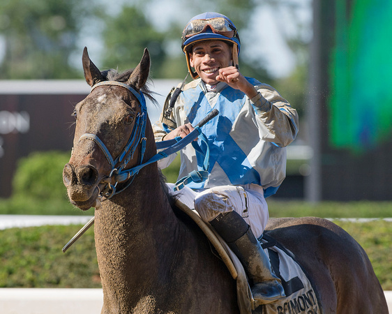 Manuel Franco celebrates with a fist pump after wining the Grade II True North Stakes with Joking at Belmont Park in Elmont, New York.