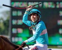 Irad Ortiz, Jr. acknowledges the crowd at Belmont Park after winning the Grade II New York Stakes with Dacita at Belmont Park in Elmont, New York.