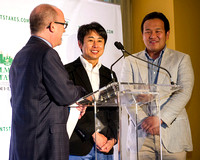 Andy Serling (left) interviews Belmont Stakes contender Lani's trainer Mikio Matsunaga (center) and assistant trainer Keita Tanaka (right) at the 2016 Belmont Stakes Festival Post Draw at Rockefeller
