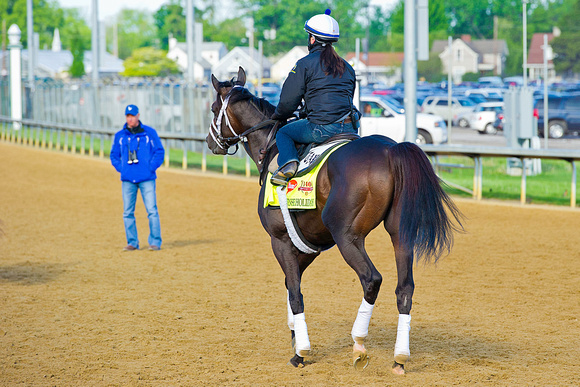 Trainer Todd Pletcher observes Intense Holiday returning from morning exercise in preparation for the 140th Kentucky Derby.