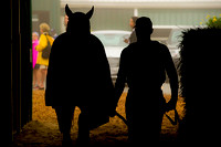 California Chrome walks the shedrow with his exercise rider Willie Delgado at Pimlico Race Course in preparation for the 139th Preakness Stakes in Baltimore, Maryland.