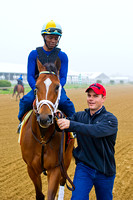 Norman Casse, assistant trainer, smiles as he walks Illinois Derby winner and Preakness Contender Dynamic Impact back to the stable at Pimlico Race Course in Baltimore, Maryland.