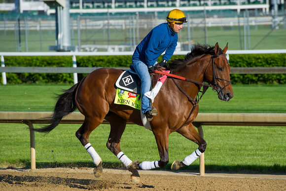 Keen Ice galloped for two miles with exercise rider Faustino Aguilar in preparation for the Kentucky Derby.