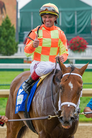 Dame Dorothy, Javier Castellano in the irons, wins the Humana Distaff (GI) at Churchill Downs in Louisville, Kentucky.