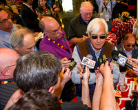 Bob Baffert speaks to the media about his trainees, American Pharoah and Dortmund, at the Preakness post position draw at Pimlico Race Course in Baltimore, Maryland.
