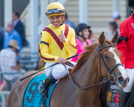 Javier Castellano, gives a thumbs up after the Black Eyed Susan stakes (GII) aboard Keen Pauline at Pimlico Race Course in Baltimore, Maryland.