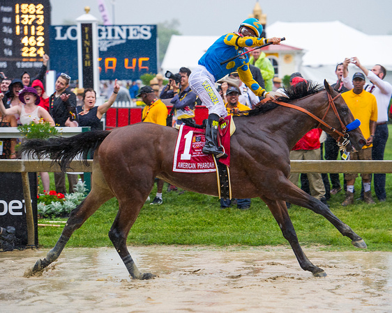 Victor Espinoza celebrates after winning the Xpressbet.com Preakness Stakes (GI) aboard American Pharoah at Pimlico Race Course in Baltimore, Maryland.