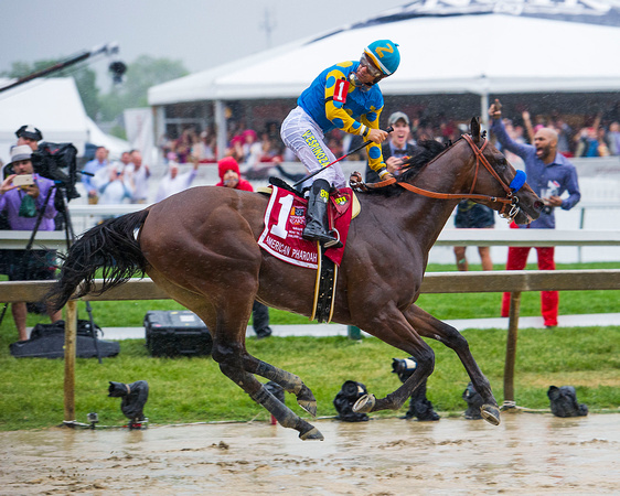 Victor Espinoza looks back at the rest of the horses after winning the Xpressbet.com Preakness Stakes (GI) aboard American Pharoah at Pimlico Race Course in Baltimore, Maryland.