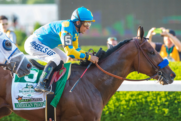 American Pharoah with Victor Espinoza takes the early lead and goes on to win the 147th Belmont Stakes (GI) and become the 12th Triple Crown winner at Belmont Park in Elmont, New York.
