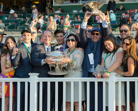 Justin Zayat, NYRA CEO Chris Kay, Joanne Zayat and Ahmed Zayat celebrate in the winners' circle after American Pharoah won the 147th Belmont Stakes (GI) and became the 12th thoroughbred race horse to