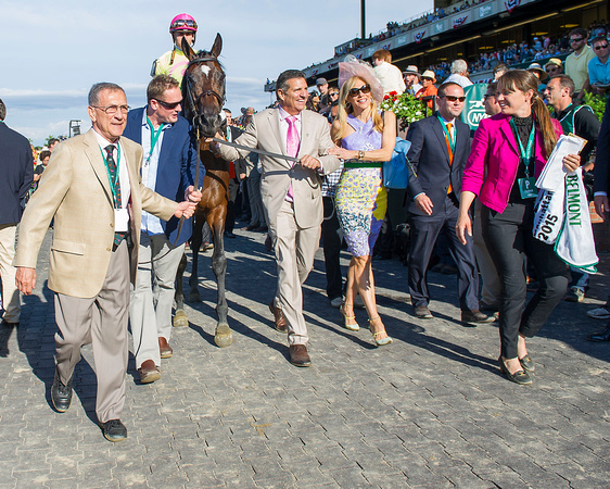 Owner Michael Dubb leads Slumber down victory lane after winning the Knob Creek Manhattan Stakes (GI) at Belmont Park in Elmont, New York.