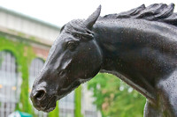 Rain soaked Secretariat statue in the Belmont Park paddock.