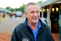 Trainer Rick Violette is all smiles as he discusses his Kentucky Derby 140 contender Samraat, with media at the barn.