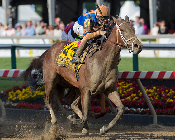 Lost Raven with John Velazquez aboard, trained by Todd Pletcher, wins the Adena Springs Miss Preakness stakes at Pimlico Race Course in Baltimore, Maryland.