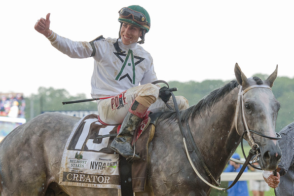 Irad Ortiz Jr. celebrates his win aboard Creator in the Grade I Belmont Stakes at Belmont Park in Elmont, New York.