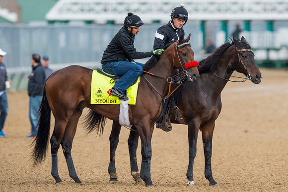 Nyquist, with regular exercise rider Jonny Garcia up, before starting morning exercise in preparation for the Kentucky Derby at Churchill Downs in Louisville, Kentucky.