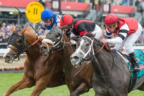 Mizz Money (inside), Javier Castellano aboard, trained by Bernie Flint, wins the GIII Galorette Stakes at Pimlico Race Course in Baltimore, Maryland.
