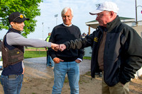 Davi Lopez gets a fist bump congratulations from Chris McCarron while trainer Bob Baffert watches. Lopez, the son of veteran rider Chuck Lopez, won his first career stake race, the William Walker with