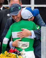 Matt Bryan, owner of Preakness winner Exaggerator, celebrates with jockey Kent Desormeaux at Pimlico Race Course in Baltimore, Maryland.
