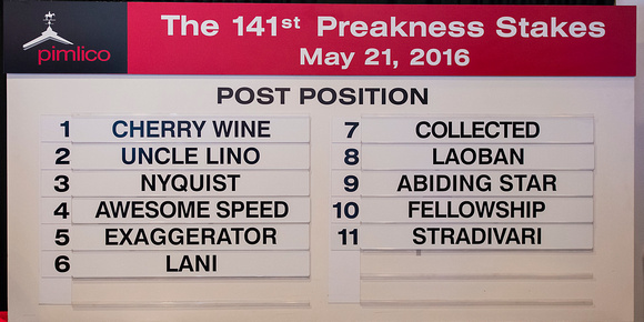 The completed Preakness Post Position draw at Pimlico Race Course in Baltimore, Maryland.