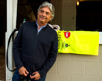 Trainer Gustavo Delgado, with his Kentucky Derby entrant's training saddlecloth at Churchill Downs in Louisville, Kentucky.