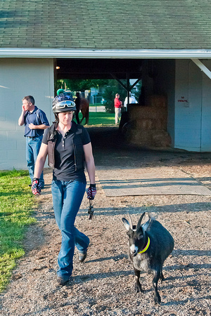 A friendly goat and his handler visit Michael Matz's barn at Churchill Downs in Louisville, KY.