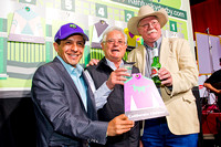 Rider Victor Espinoza, trainer Art Sherman and owner Steve Coburn at the post position draw at Churchill Downs in Louisville, Kentucky.
