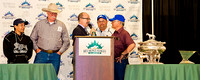 Connections of Belmont Stakes and Triple Crown contender California Chrome (l to r) Jockey Victor Espinoza, co-owner Steve Coburn, NYRA emcee Andy Serling, assistant trainer Alan Sherman and trainer A
