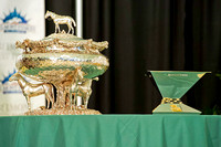 The August Belmont trophy is flanked by the Triple Crown Trophy at the Belmont Stakes post position draw at Belmont Park in New York.